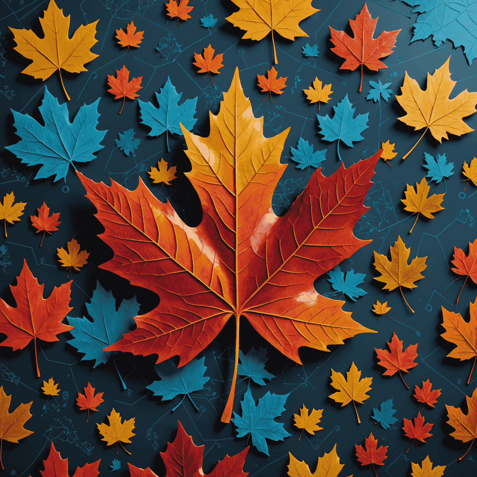 Abstract visualization of machine learning algorithms analyzing financial data, with Canadian maple leaf motifs integrated into the design