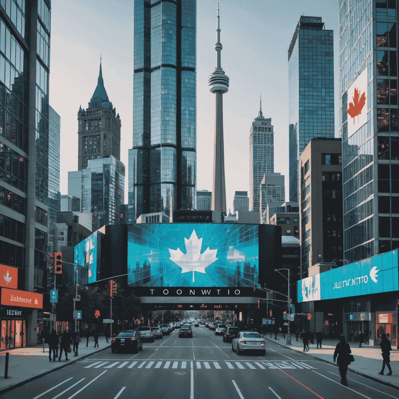 A futuristic cityscape of Toronto with holographic displays showing AI ethics principles and Canadian flag