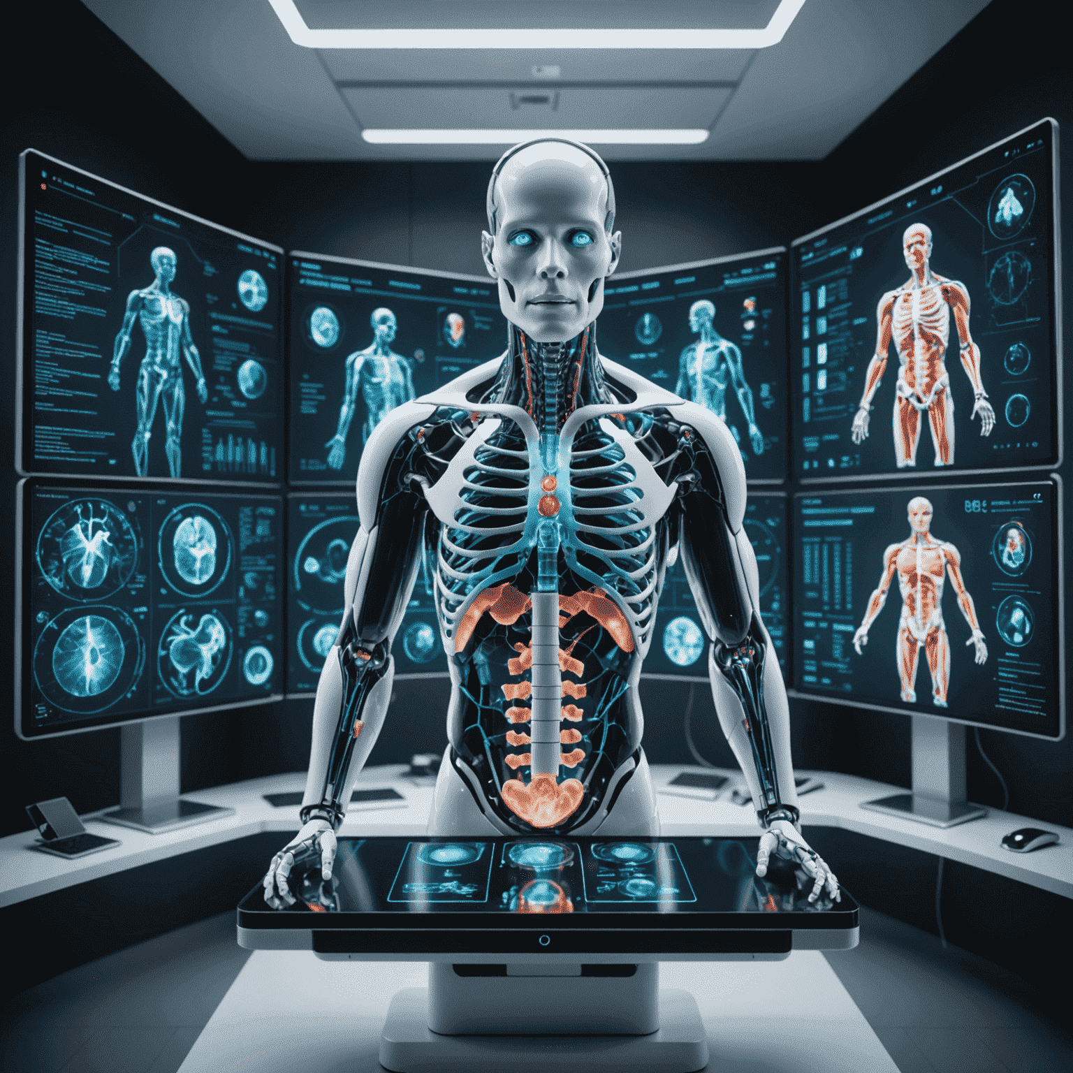 Futuristic medical interface with AI analyzing patient data, surrounded by holographic displays of human anatomy and diagnostic information
