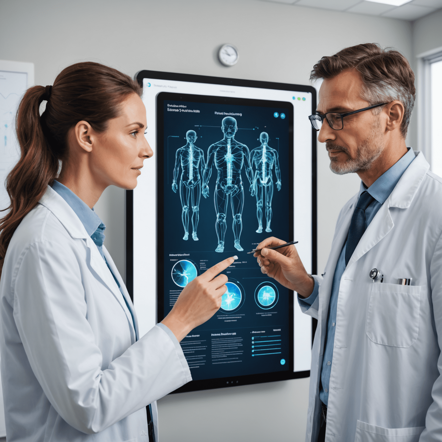 Doctor and patient reviewing a personalized treatment plan on a large touchscreen display with AI-generated recommendations and data visualizations