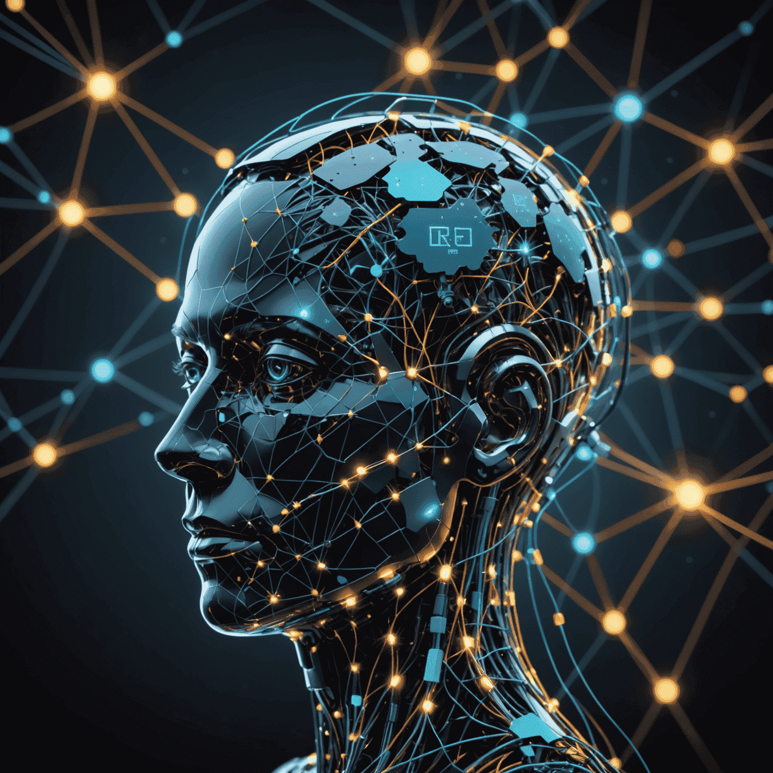 Abstract visualization of financial data streams and machine learning algorithms, with glowing nodes representing AI decision-making processes in banking