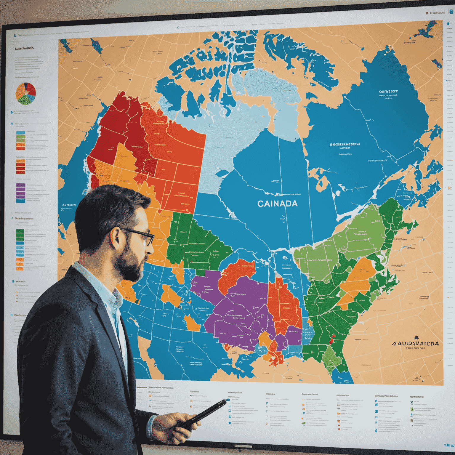 Data scientist working with a large interactive map of Canada showing AI-predicted disease outbreak hotspots and resource allocation recommendations