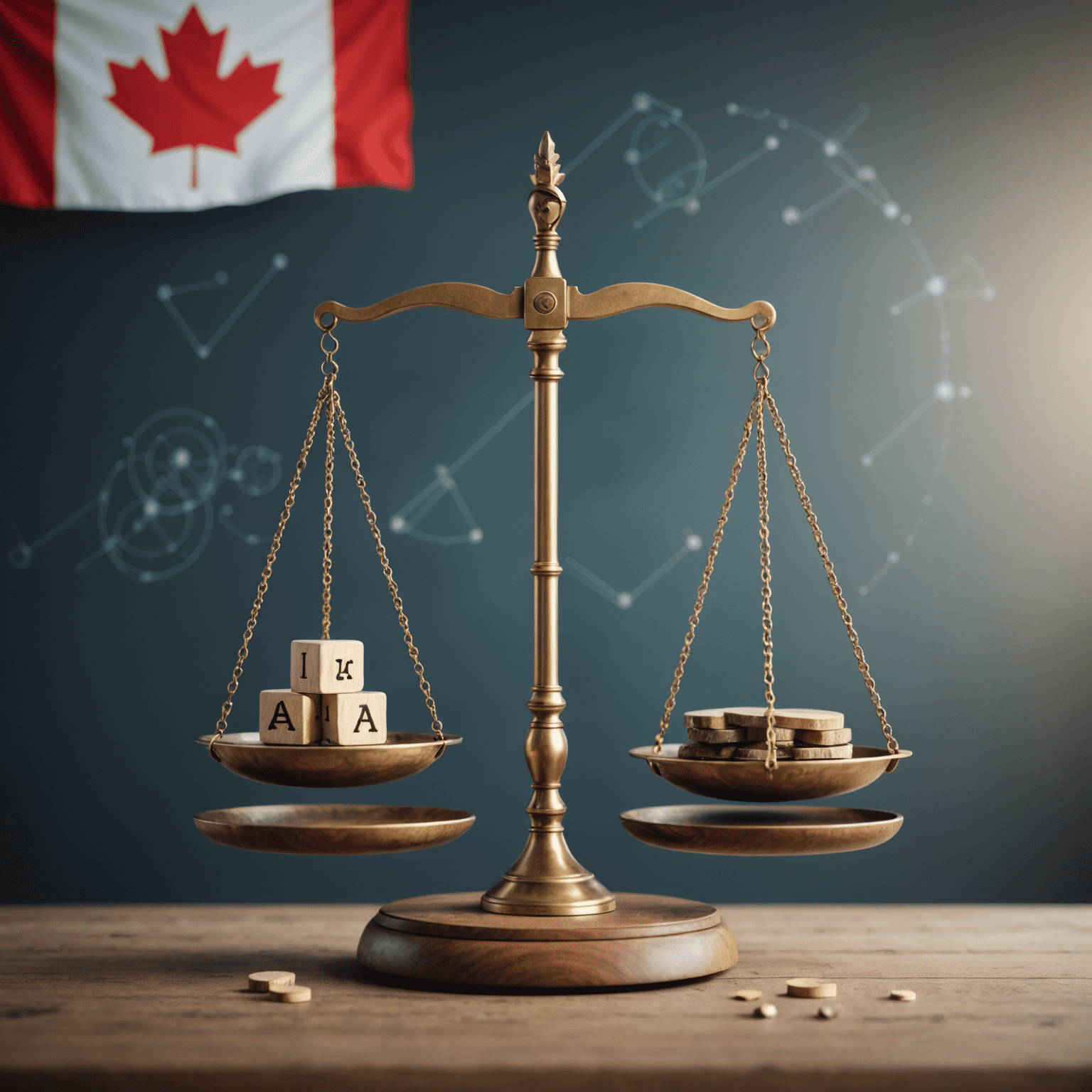 Conceptual image of a balanced scale with AI symbols on one side and human values on the other, representing Canada's approach to ethical AI regulations